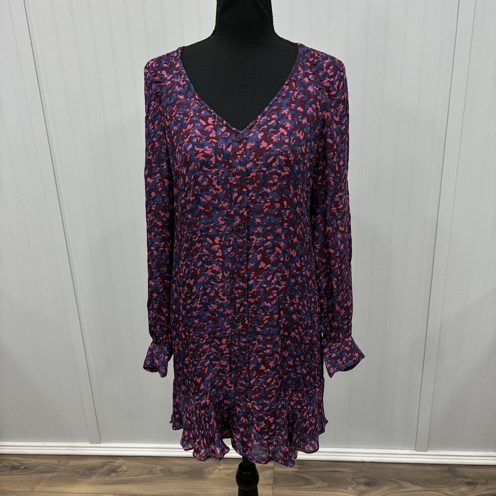 Parker Womens L Blue Pink Floral Silk Blend Long Sleeve V-Neck Midi Dress